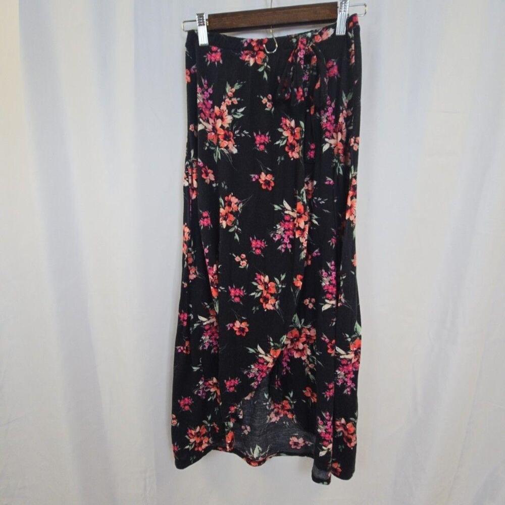 M. FASIS Skirt Womens Small Black Floral Wrap Maxi Elastic Waist Knit Stretch